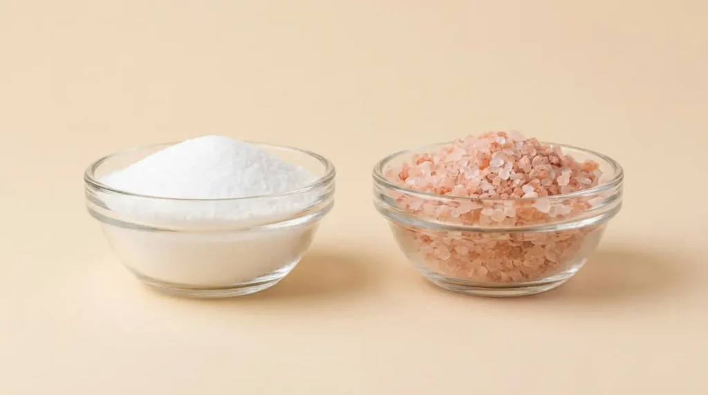 Side-by-side bowls of white table salt and pink Himalayan salt for mineral comparison
