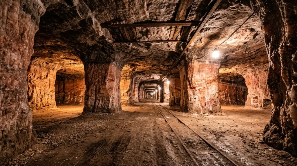 Underground salt mine tunnel showing pillars of rock left standing between excavated rooms
