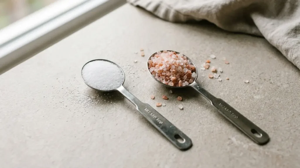 Teaspoons of table salt and Himalayan pink salt compared for sodium content