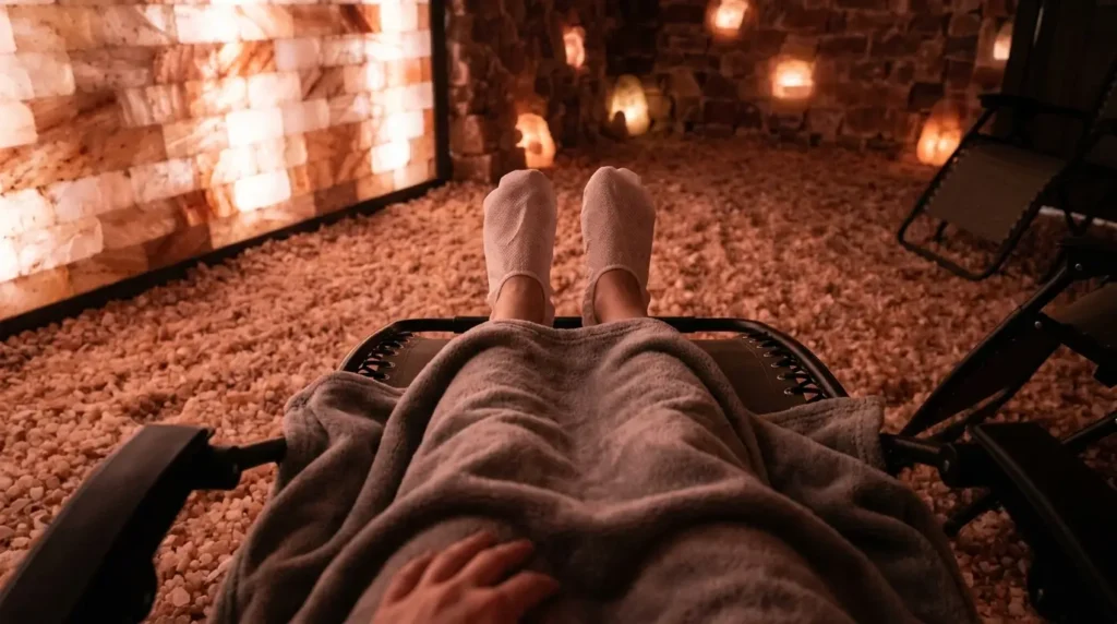 Person relaxing in a reclining chair during a pink salt cave halotherapy session