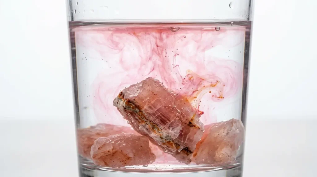 Hands pouring filtered water over pink Himalayan salt crystals in a glass jar