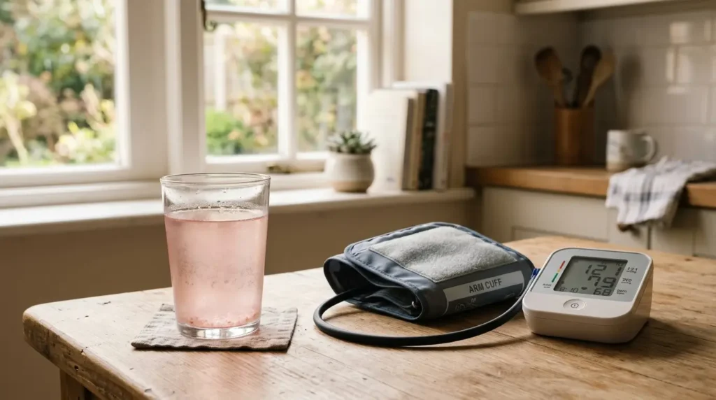 A magnifying glass beside a glass of pink Himalayan salt water on a notebook
