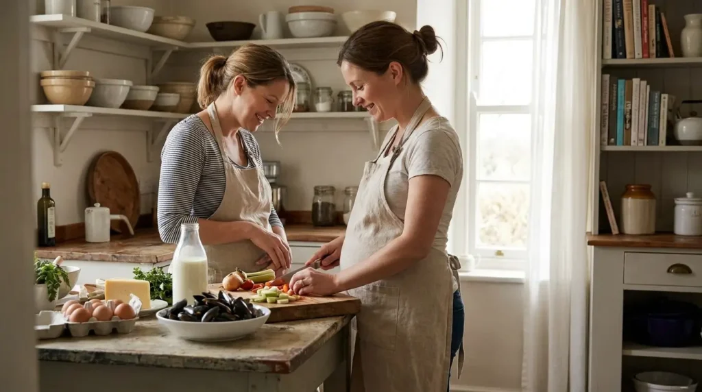 Pregnant woman preparing a meal with seafood, eggs, and dairy in a home kitchen