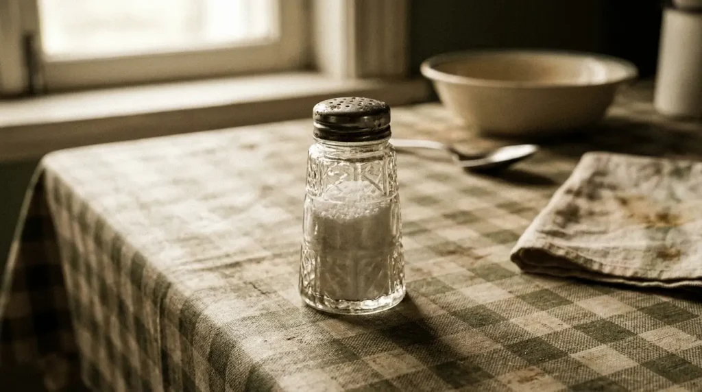 Classic glass salt shaker filled with white iodized table salt